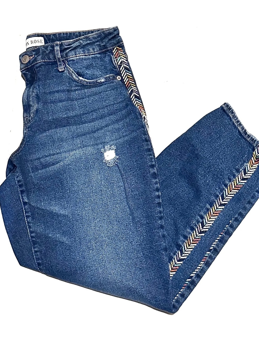 Knox Rose Boyfriend Jeans in Dark Blue with Multicolor Chevron Trim
